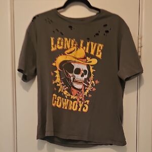 Long Live Cowboys Skull Graphic Tee - Distressed Olive with Yellow Accents
